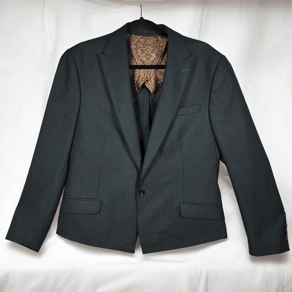 Gento Milano 1986 Mens Houndstooth Blazer Size 44/54 Green‎ Sport Coat HEMMED